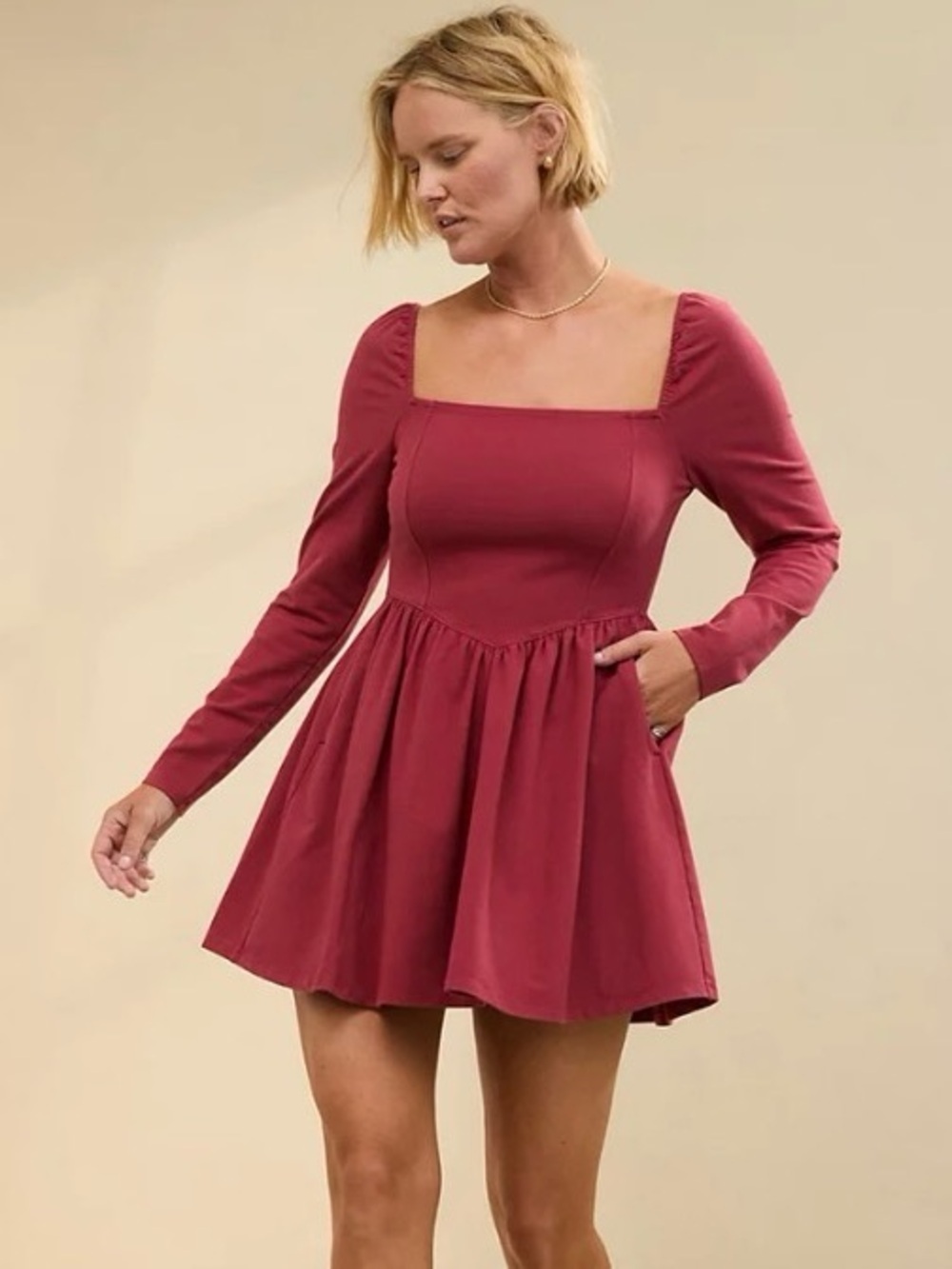 Aerie Rose-Red Square Neck Long Sleeve Mini Dress
